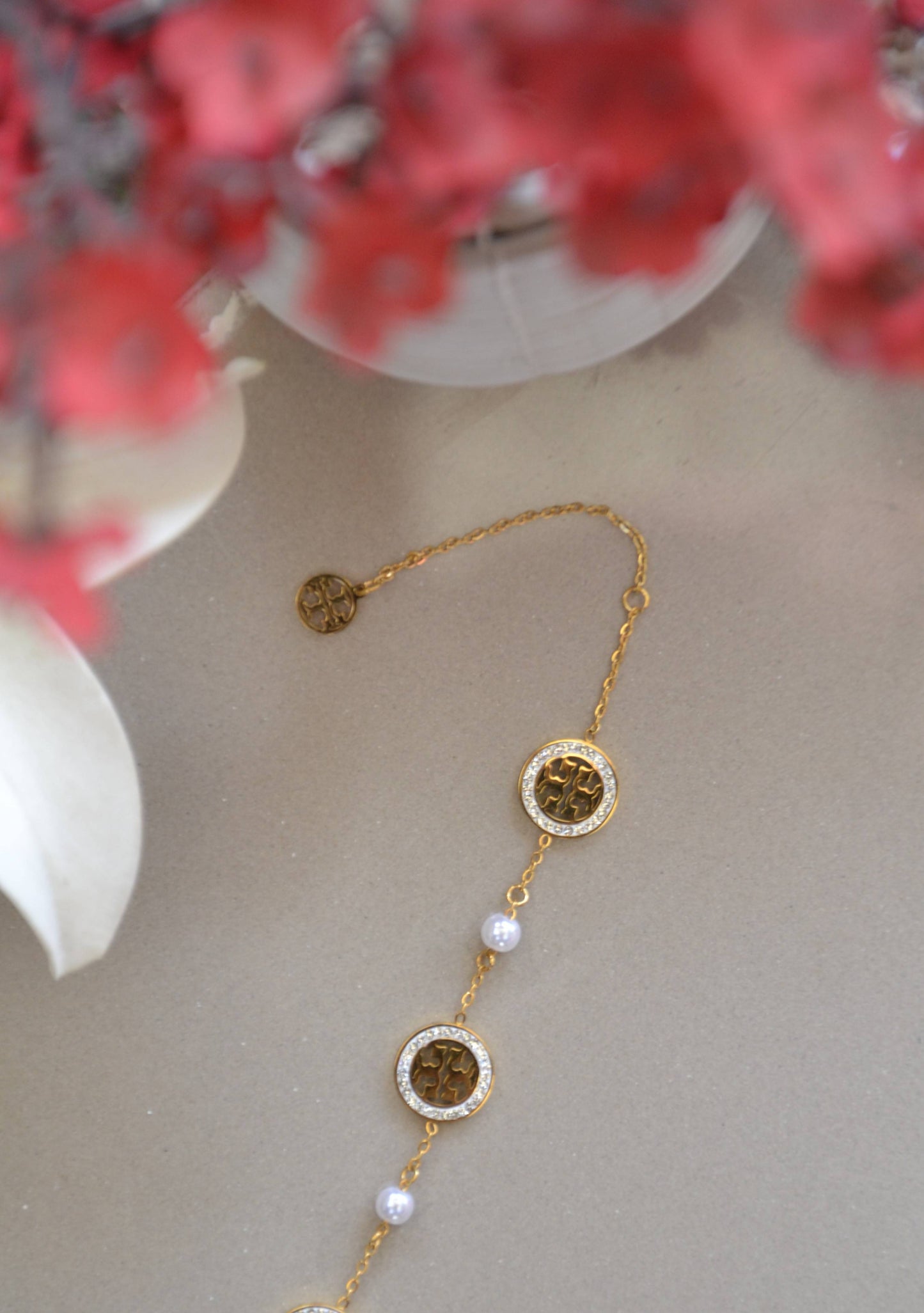 Golden Stainless Steel & Pearl Charm Bracelet