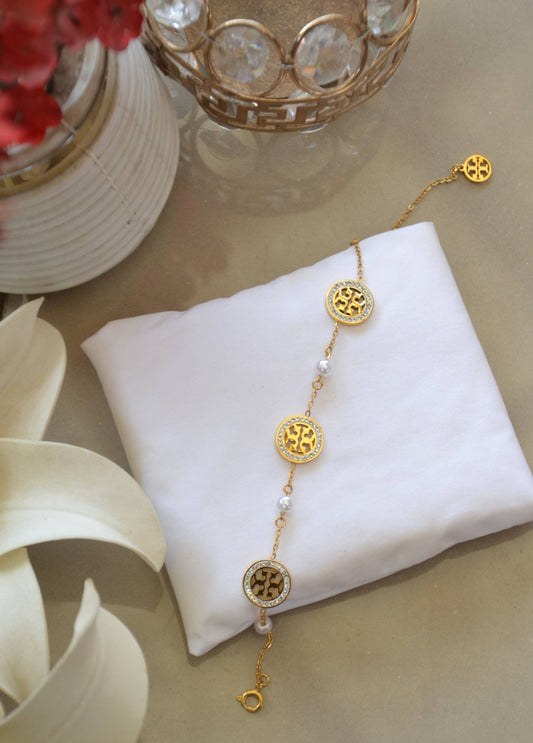 Golden Stainless Steel & Pearl Charm Bracelet